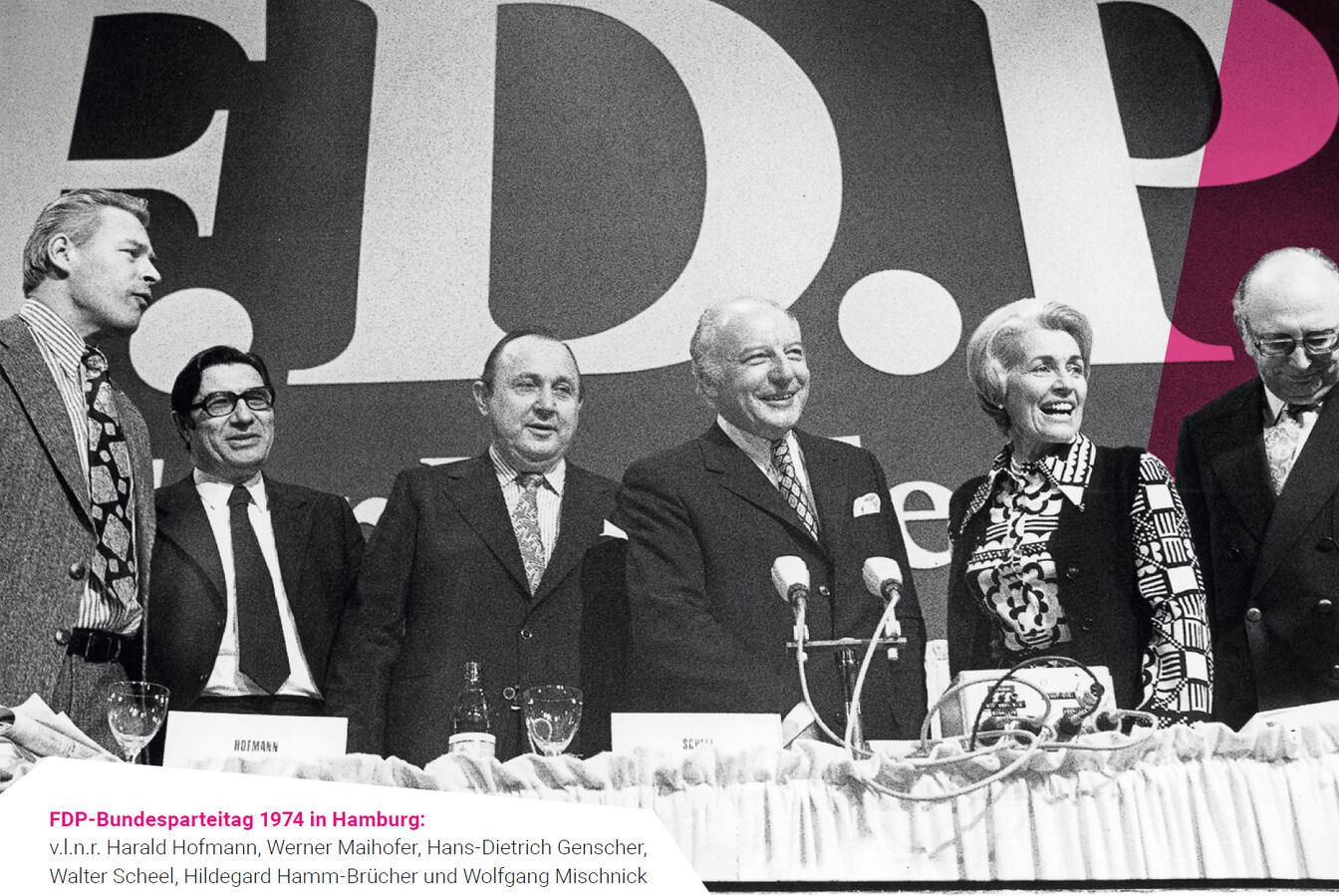 Parteitag FDP, 1974, Hamburg. Harald Hofmann, Werner Maihofer, Hans-Dietrich Genscher, Walter Scheel, Hildegard Hamm-Brücher, Wolfgang Mischnick.